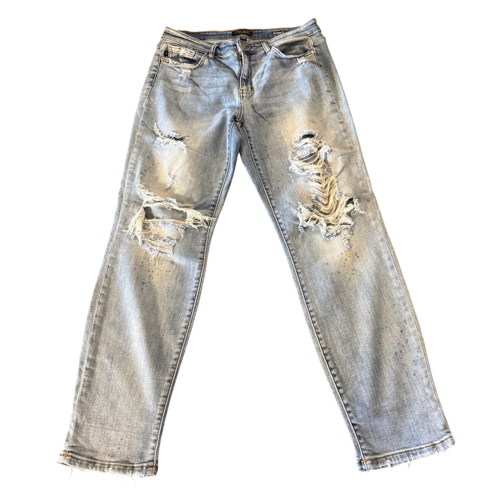 Judy Blue Distressed Paint Splatter Boyfriend Jeans Light Wash Size 13/31